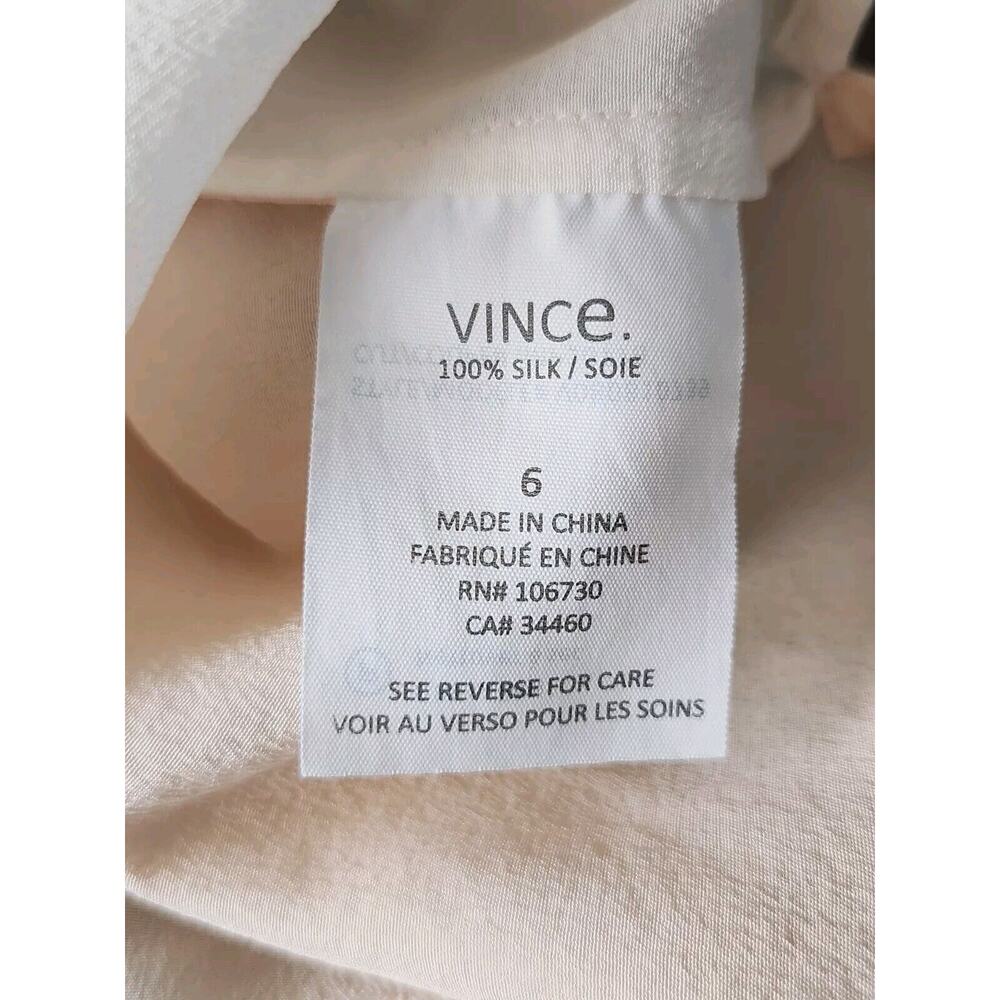 VINCE 100% Silk Long Sleeve Colorblock Blouse Top Size 6 Ivory Peach Split Neck - Picture 9 of 10